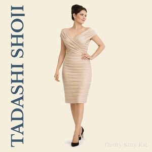 Tadashi Ruched Sheath Dress Off Shoulder Pleated Champagne Midi Cocktail S